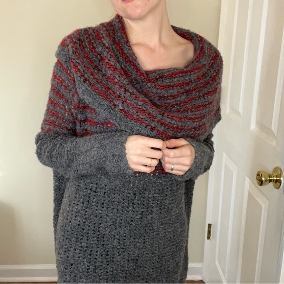 Free People Wool, Linen, Mohair Blend Gray and Red Cowl Neck Chunky Sweater - Picture 9 of 10